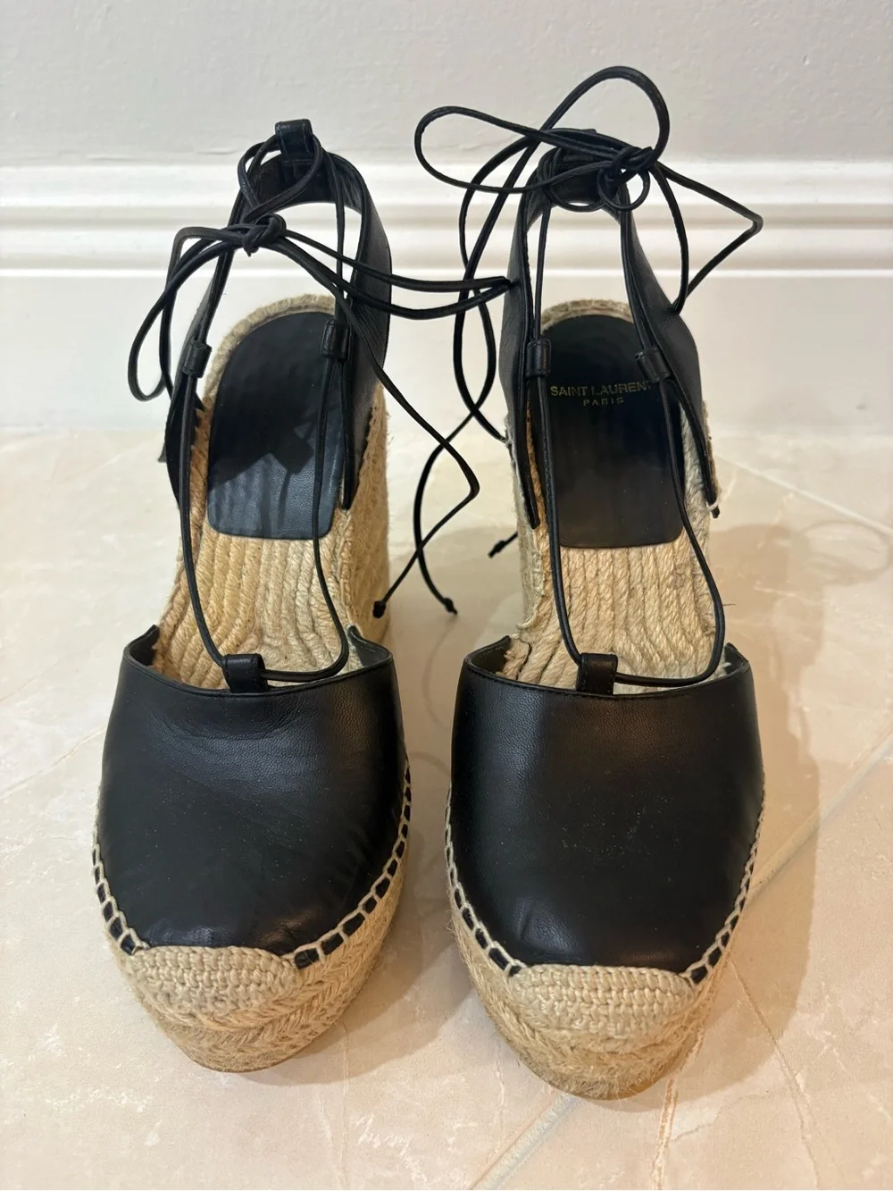 Saint Laurent (YSL) Black Leather Closed Toe Espadrille Wedge Sandals (Size 38)